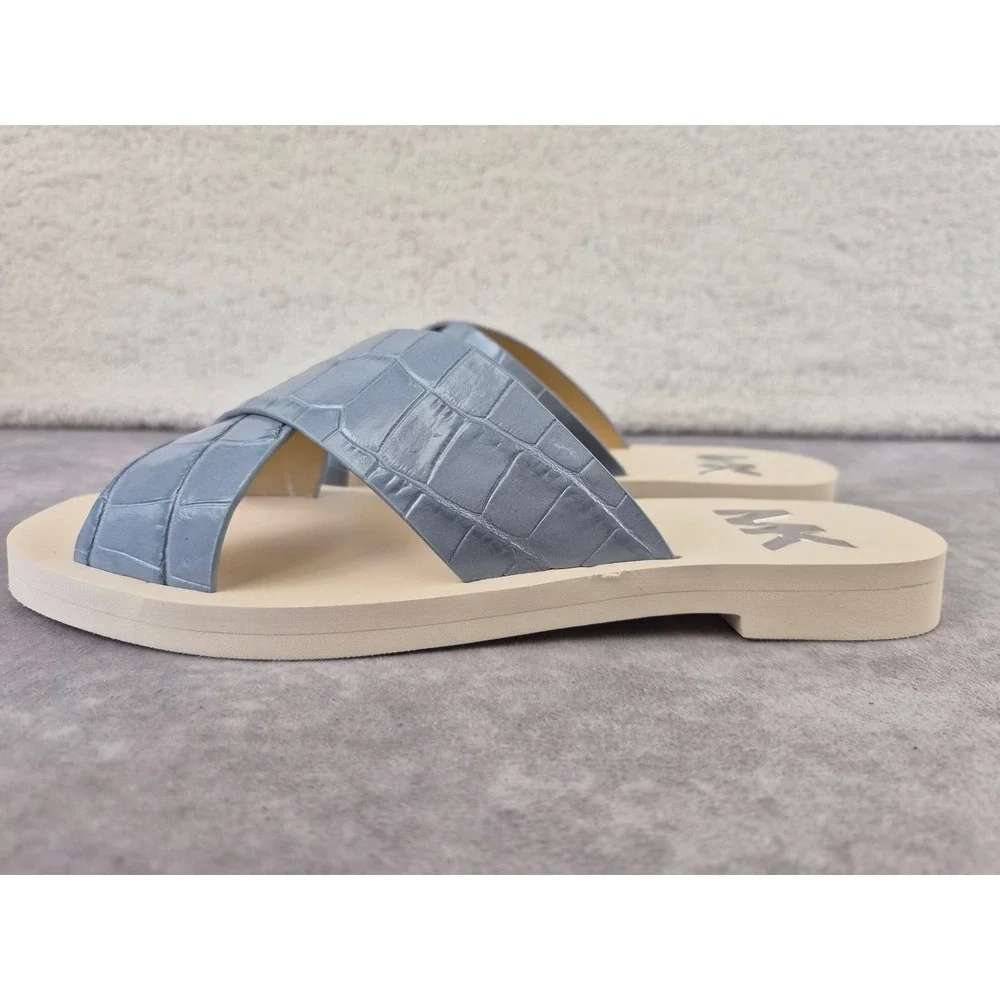 Michael Kors Glenda Pale Blue Croc Embossed Leather Slide Sandals 40S0GLFP1E